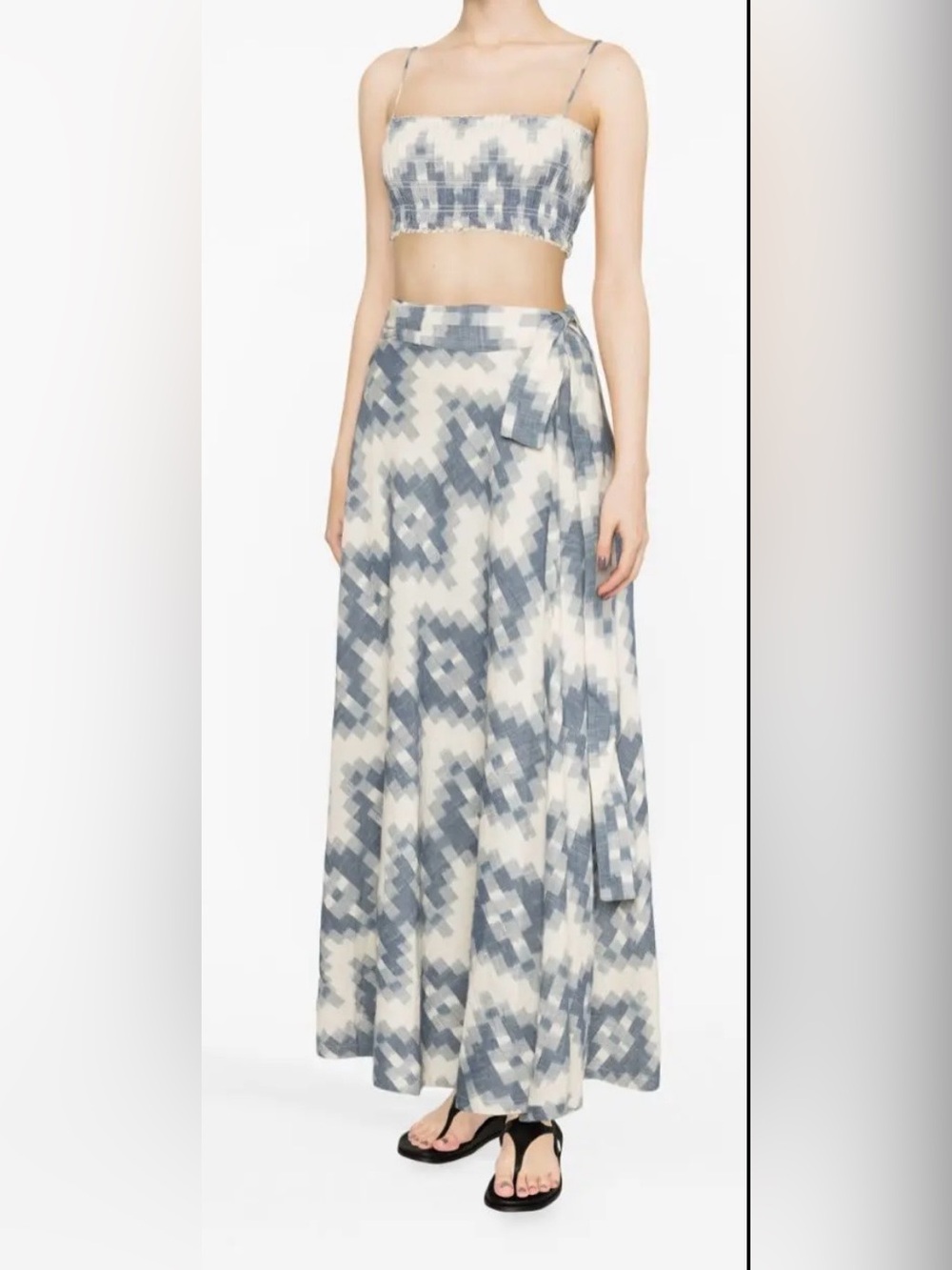 BOTEH
Tie Maxi Skirt in Blue & White Geometric Print